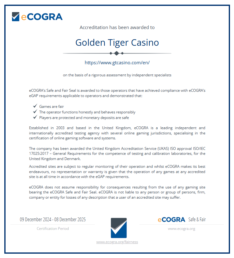Certification eCOGRA attestant l’équité des jeux de Golden Tiger