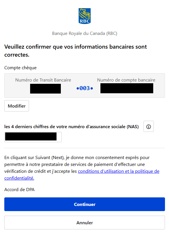 Confirmation finale des coordonnées bancaires avant le paiement