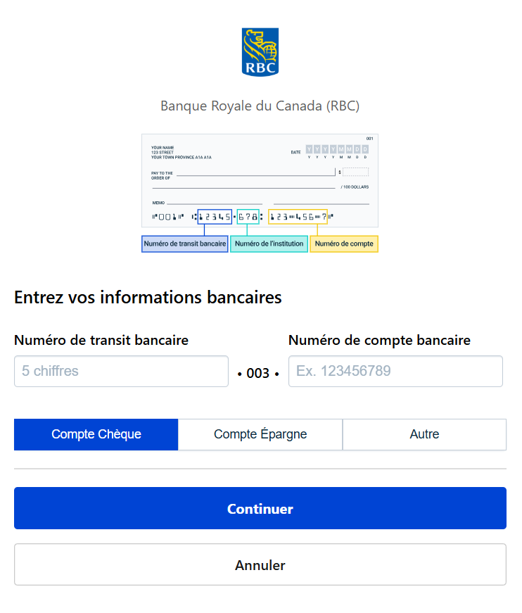 Formulaire de saisie des coordonnées bancaires pour le dépôt