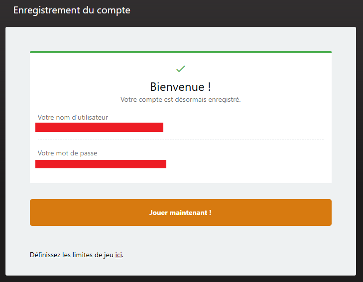 Confirmation de l’inscription réussie sur Golden Tiger Casino