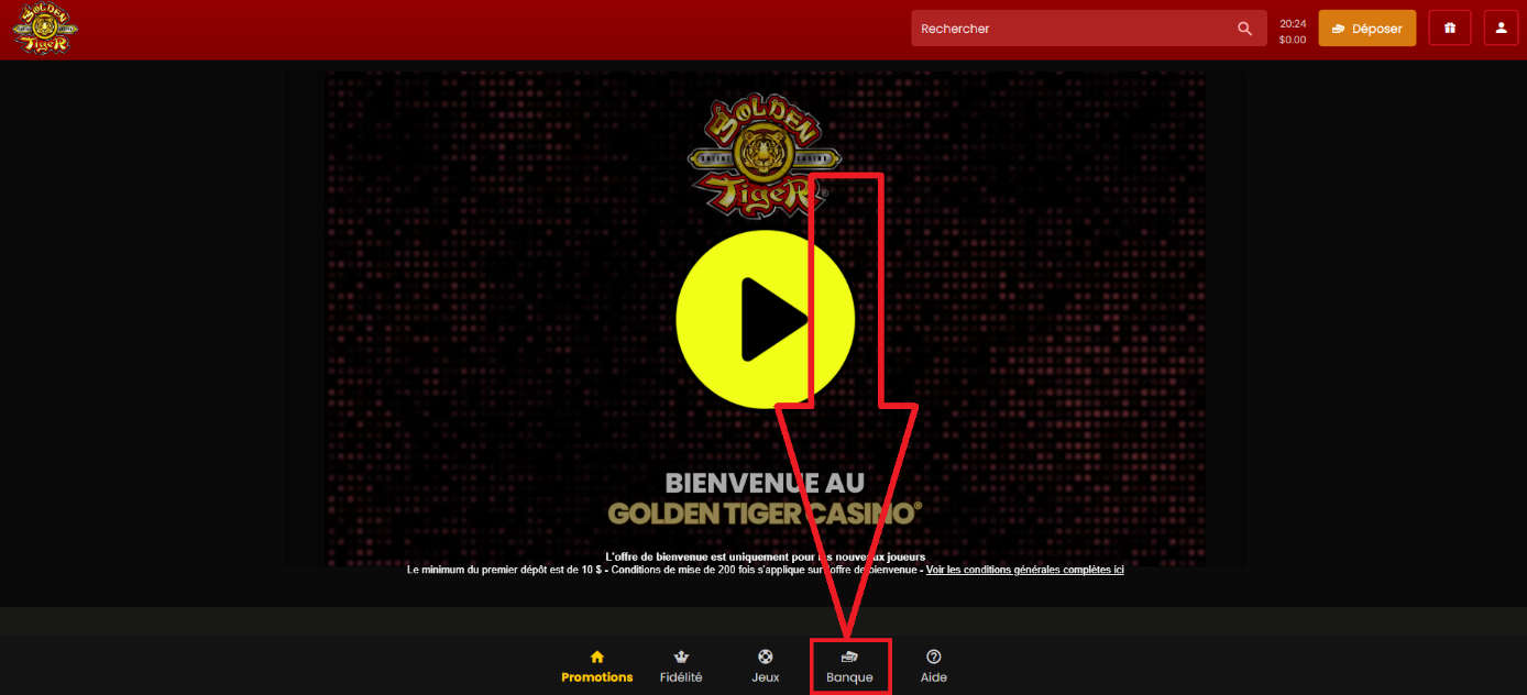 Interface bancaire de Golden Tiger Casino pour les dépôts
