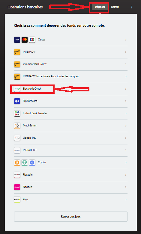 Option de paiement par chèque électronique (eCheck) sur Golden Tiger