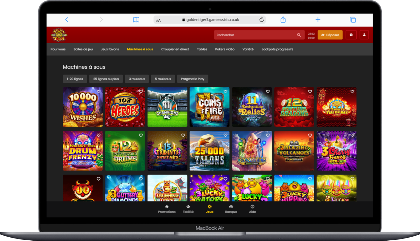 Interface du site Golden Tiger Casino sur ordinateur