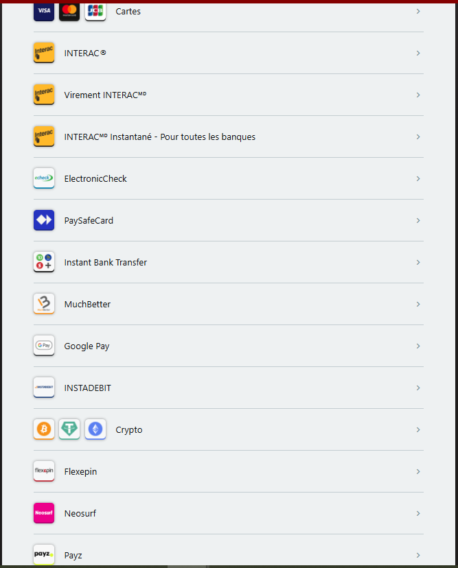 Méthodes de paiement acceptées : Interac, eCheck et autres