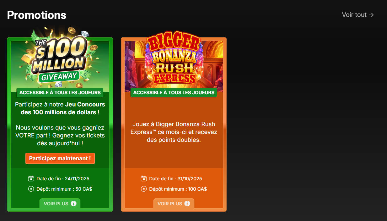 Page des promotions et bonus réguliers sur Golden Tiger Casino