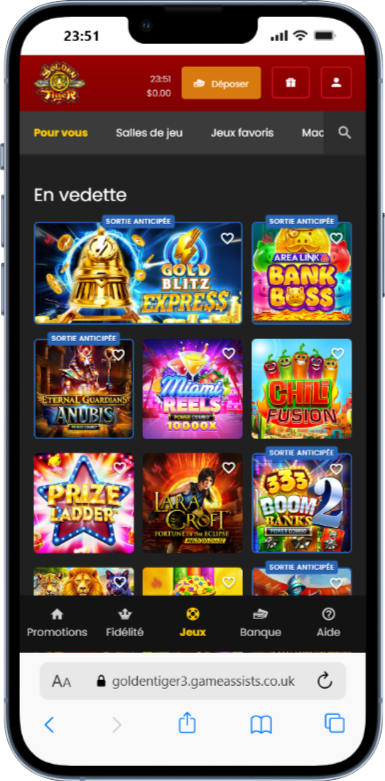 Version mobile du site Golden Tiger Casino