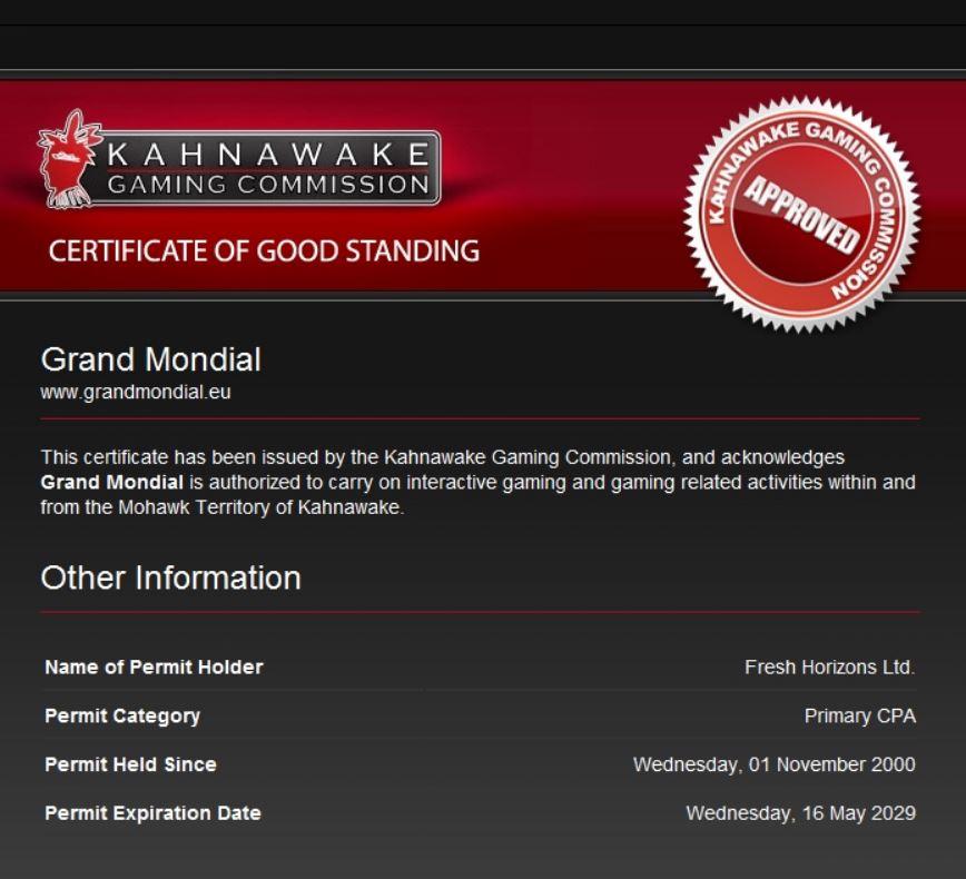 Licence Kahnawake Grand Mondial Casino