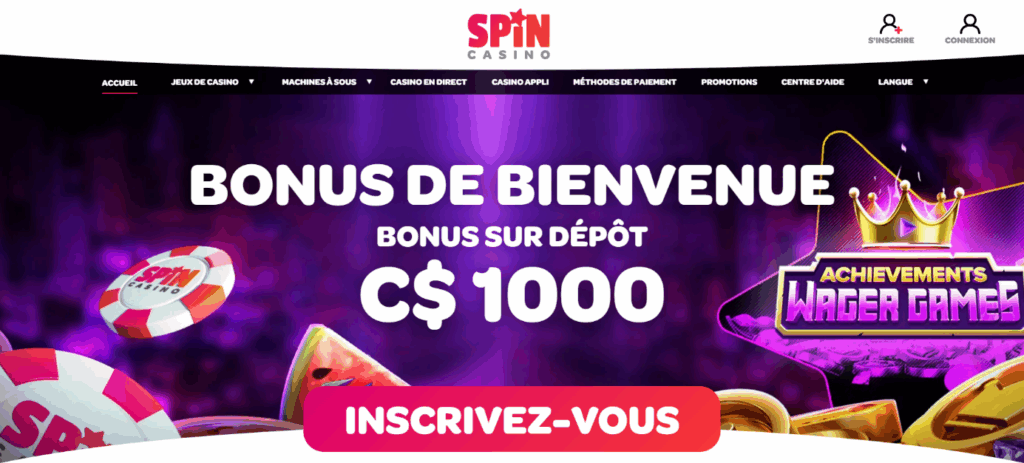 Page d’accueil Spin Casino avec jetons visibles