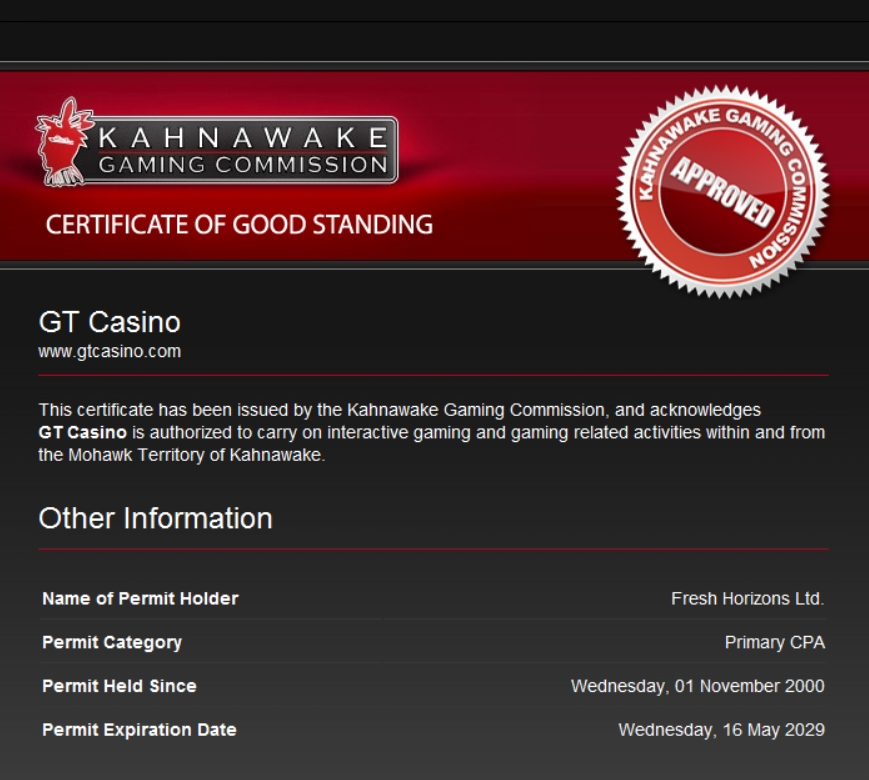 Licence officielle de jeu délivrée par la Kahnawake Gaming Commission
