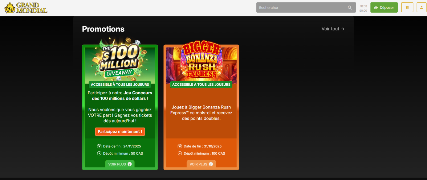 Promotions et bonus en cours sur Grand Mondial Casino