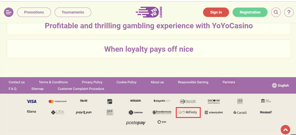 Footer of the Yoyo website with Mifinity logo highlighted in red to showcase integration
