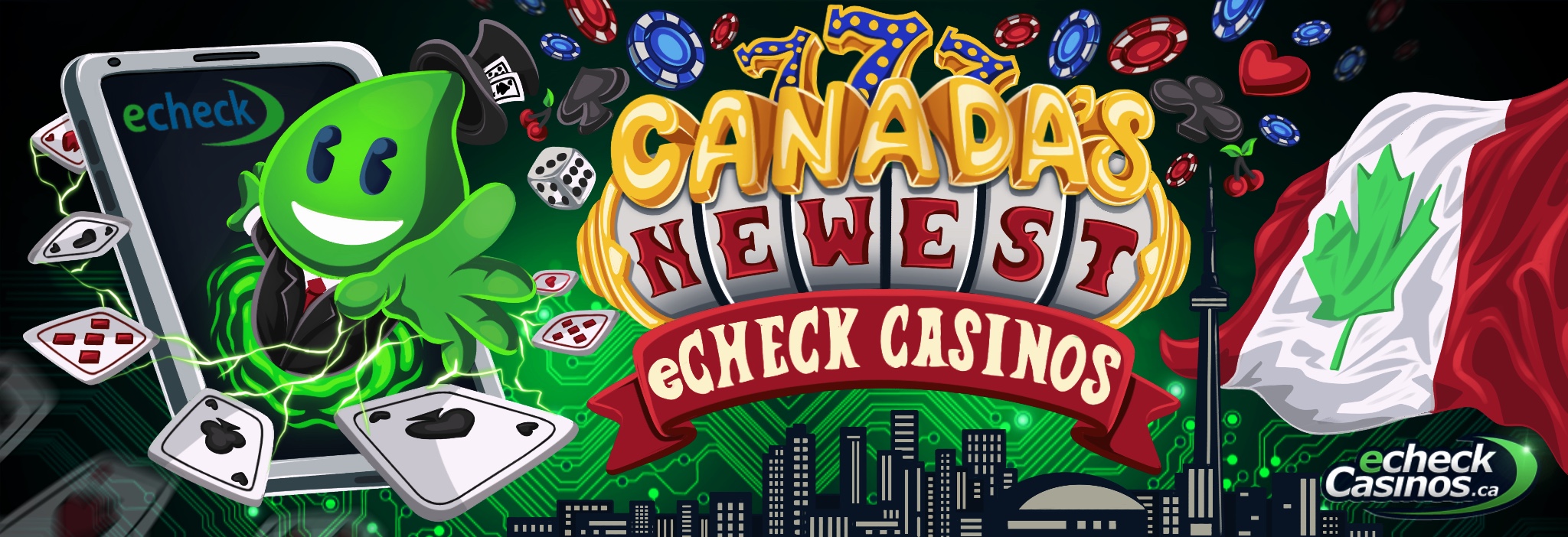 Illustration capturing the excitement of the launch of new eCheck casinos against the Canadian skyline.