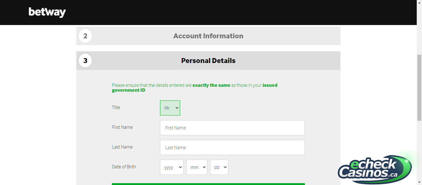 Betway sign-up screen