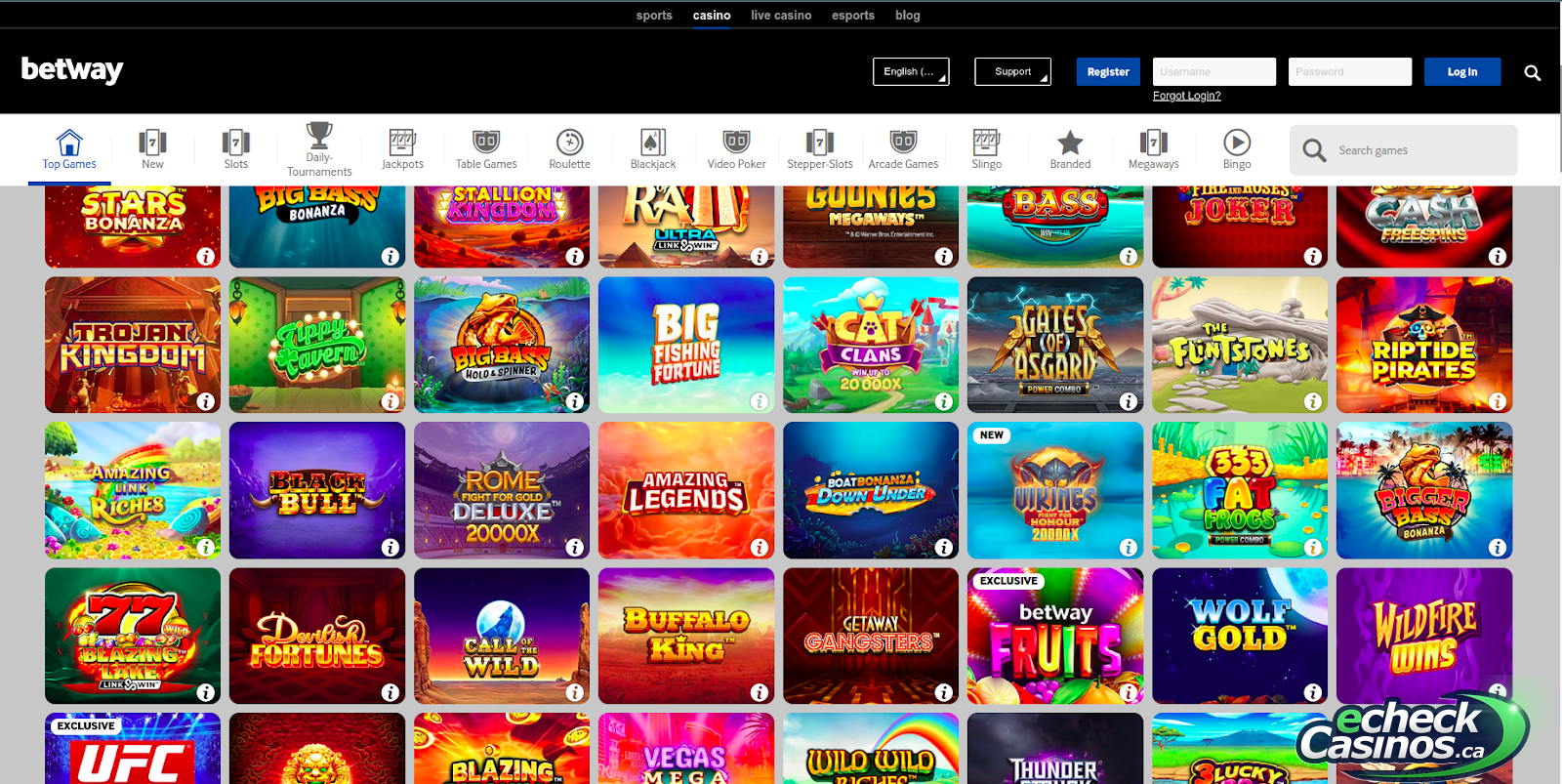 Betway eCheck Casino Lobby screen