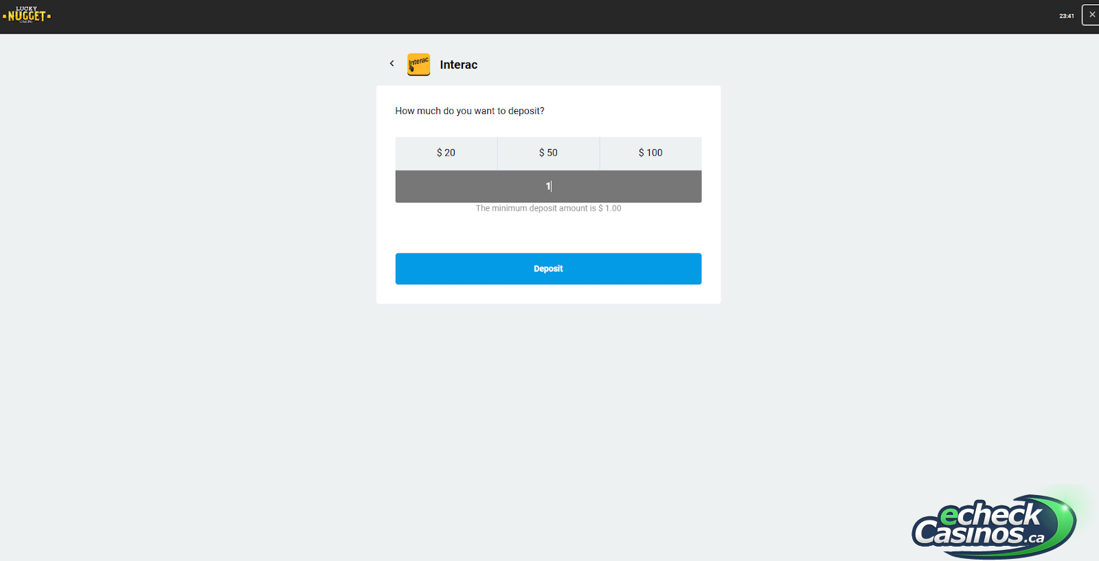 Making an Interac Deposit on Lucky Nugget Canada