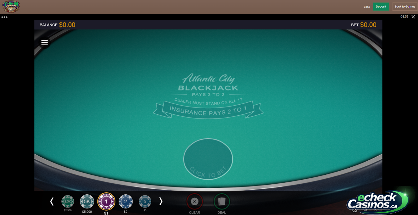 Screenshot of a Yukon Gold Blackjack Game Table (empty)