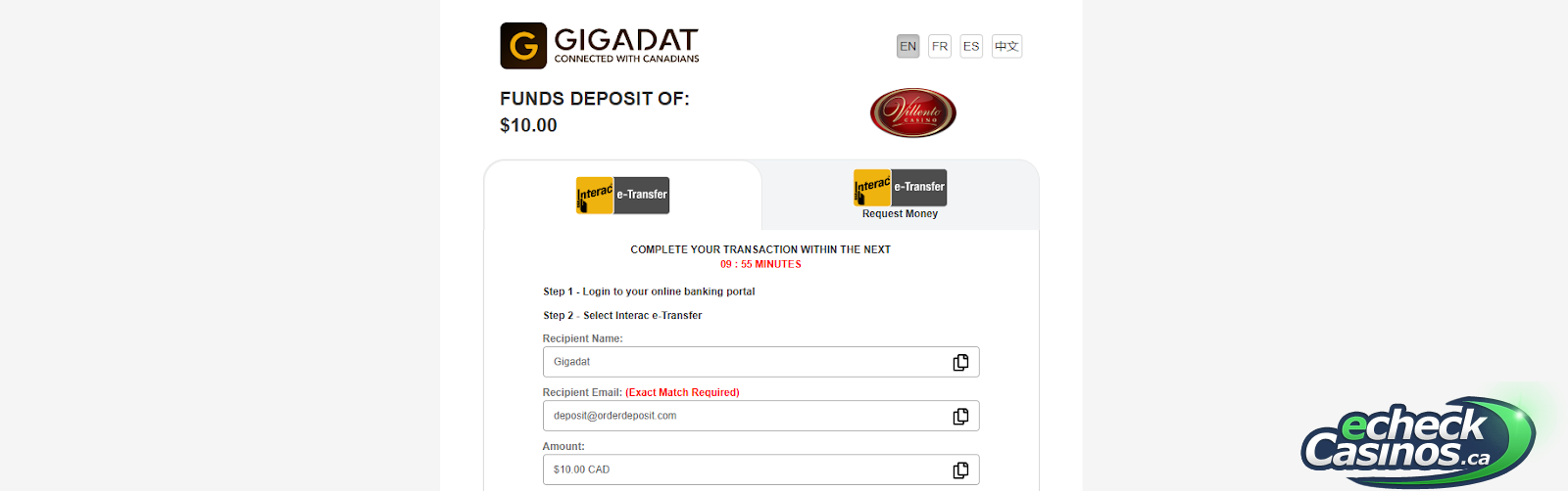 Making Villento deposit with Gigadat