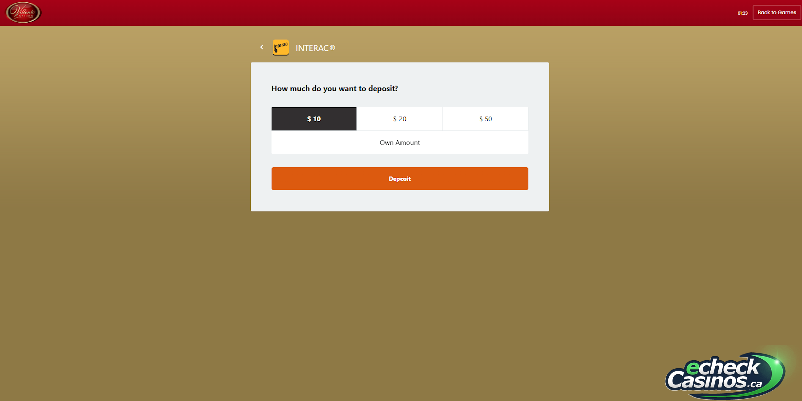 Interac deposit option screen