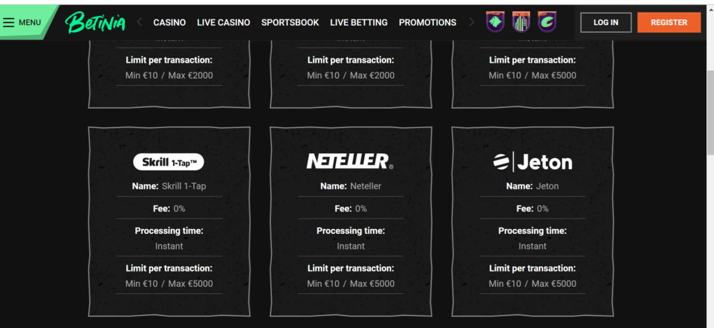 Betinia banking page showing three deposit limits, side by side: Skrill 1-tap, Neteller and Jeton. Deposit limits are displayed.