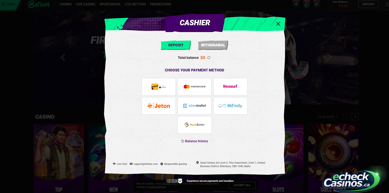 Betinia cashier showing various payment options including Jeton, Mifinity and eZeeWallet.