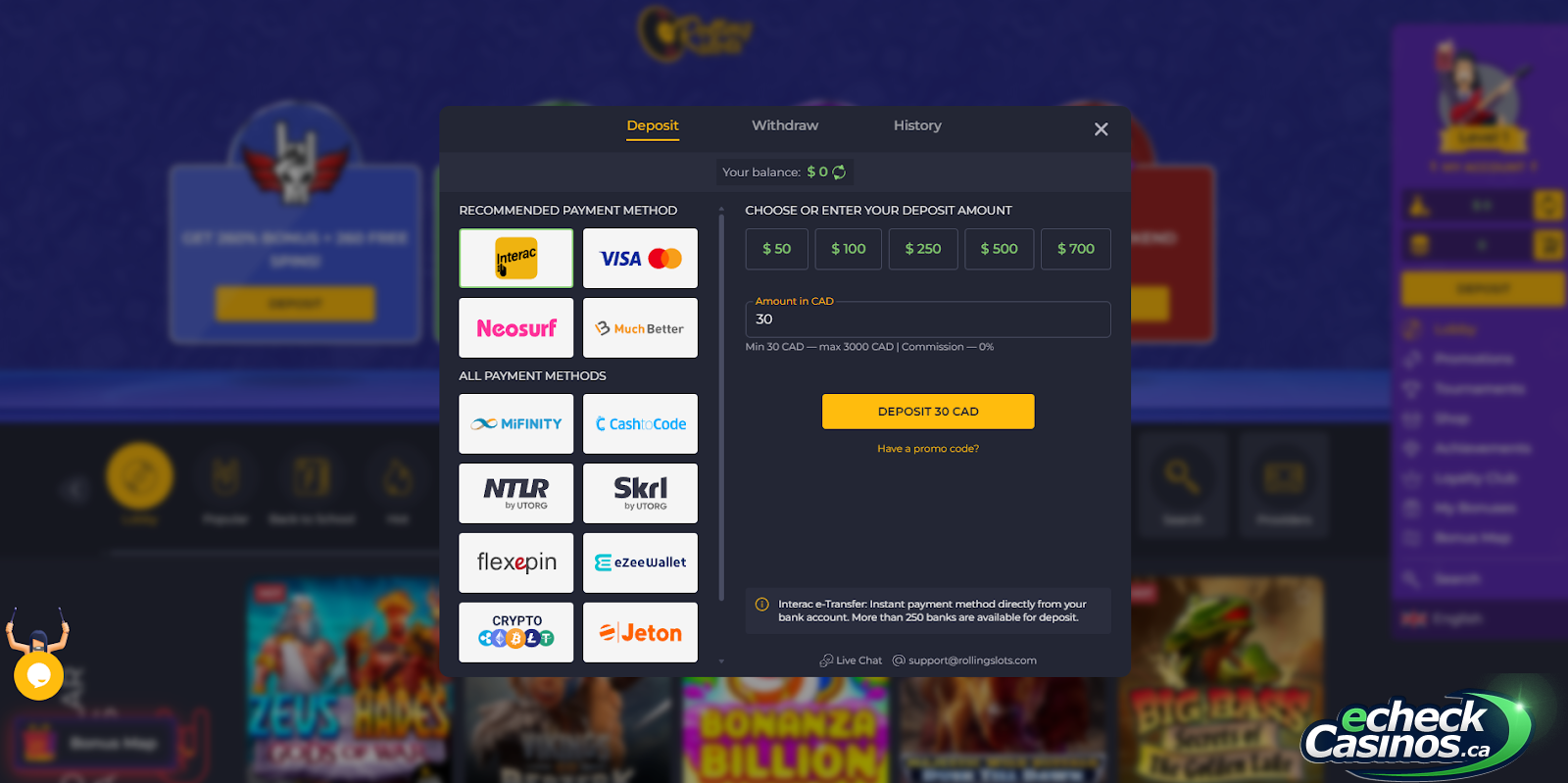 All Rolling Slots deposit options including eZeeWallet