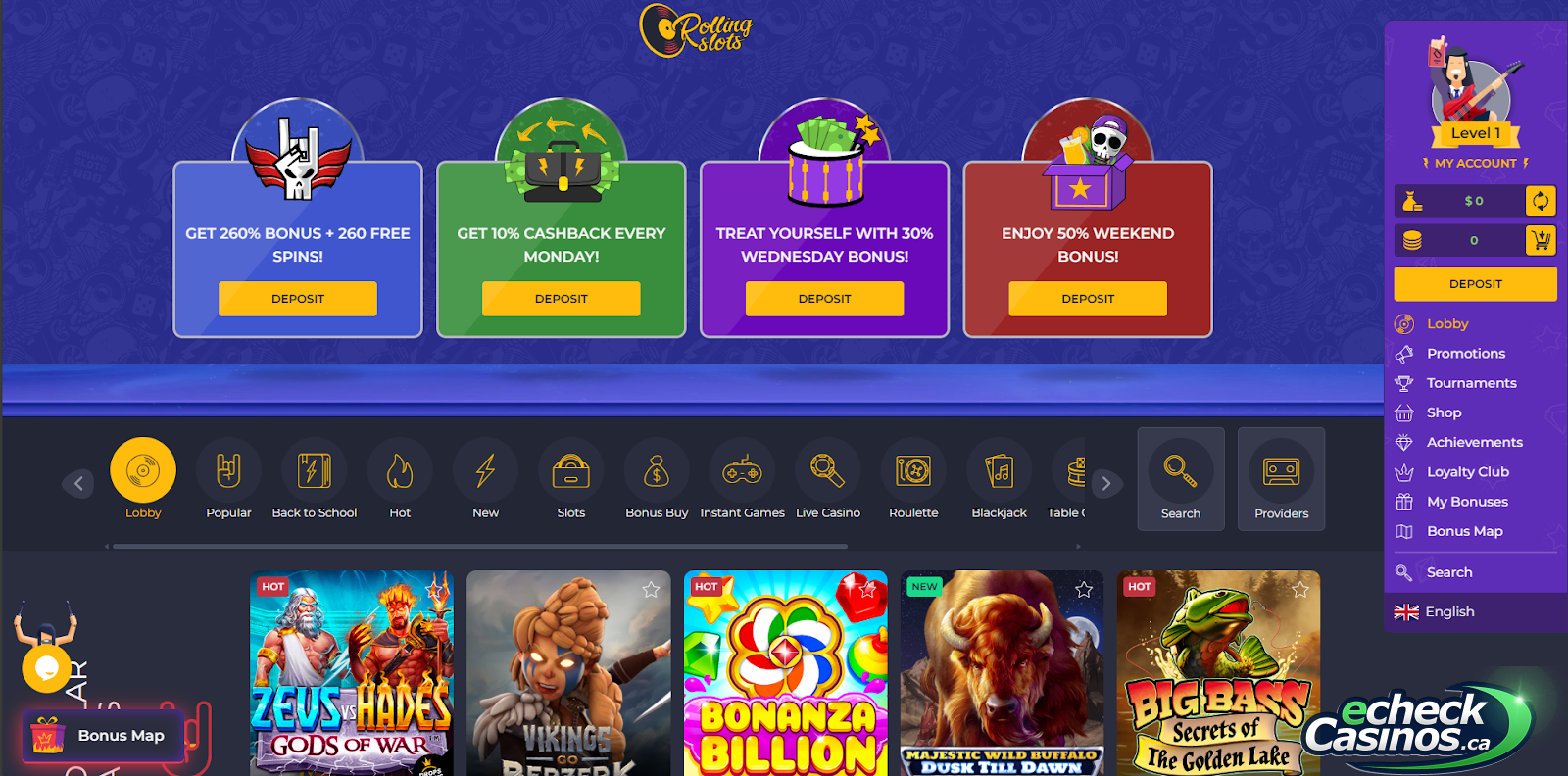 Rolling Slots website homepage 