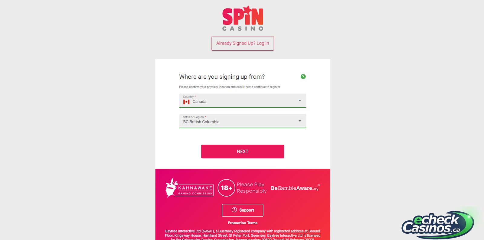 Spin Casino Sign Up Form