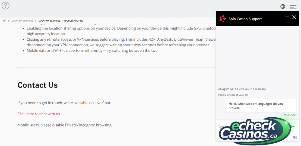 Spin Casino Live Chat