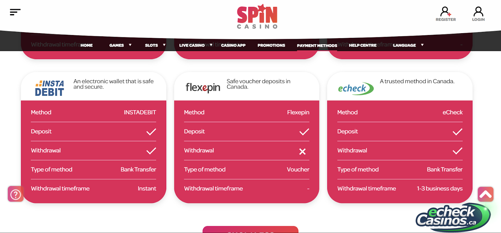 Spin Casino banking screenshot showing Instadebit and eCheck logos and the associated withdrawal times.