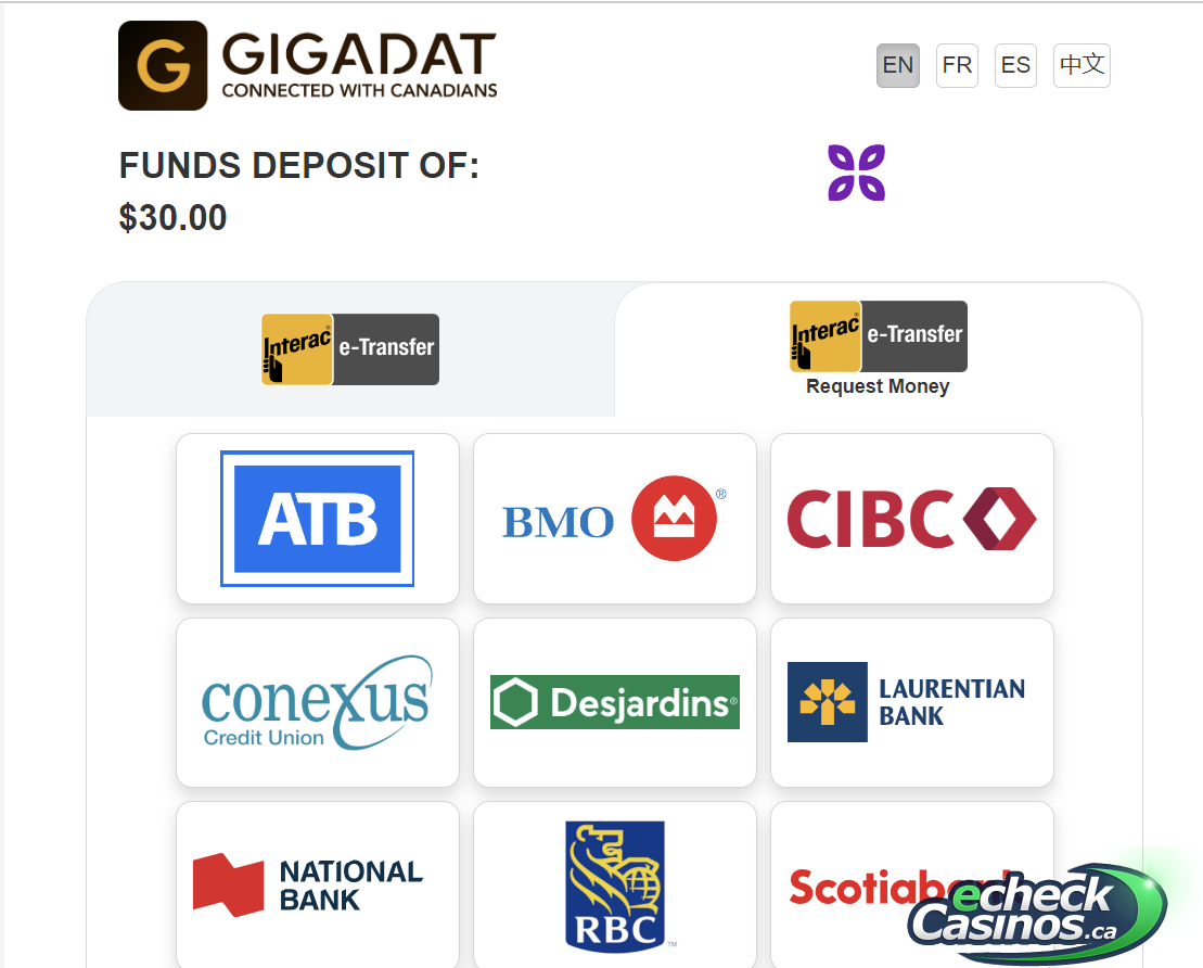 Interac by Gigadat using Request Money method