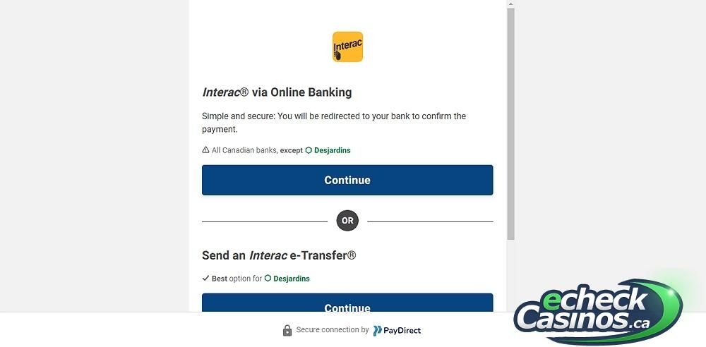 PayDirect Now selection screen : Online Banking or e-transfer.