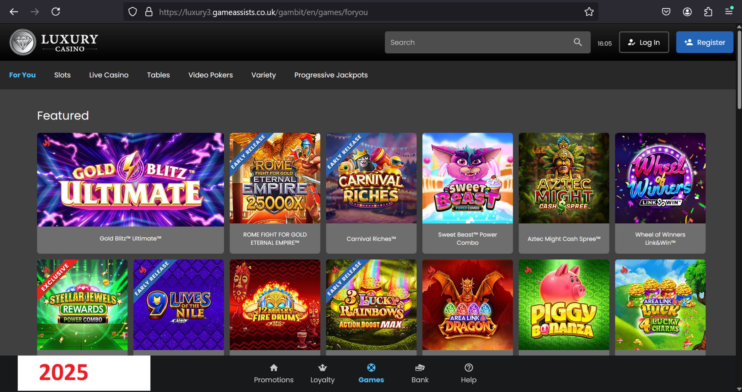 GameAssists dashboard for Luxury Casino showing game selection for 2025