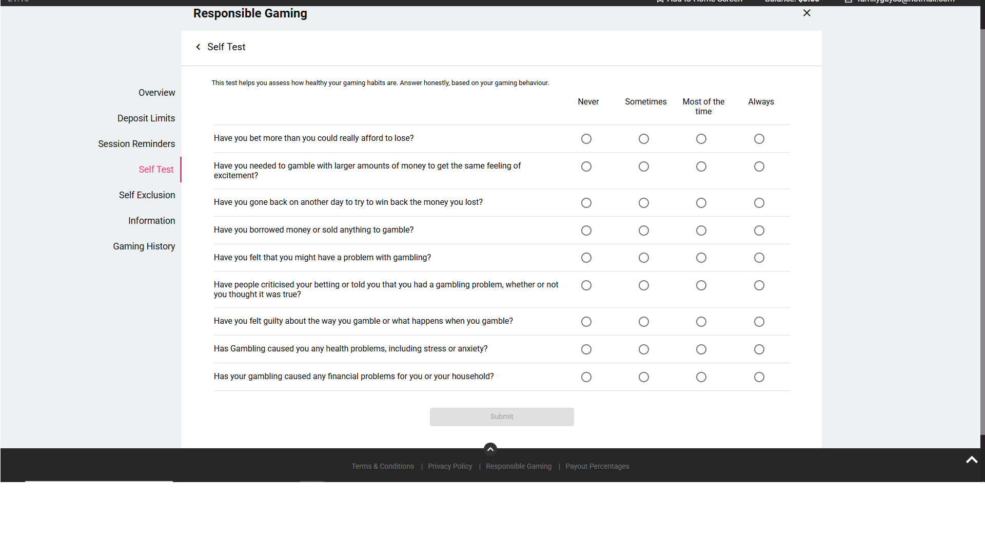 Self Test gambling questionnaire on Spin Galaxy