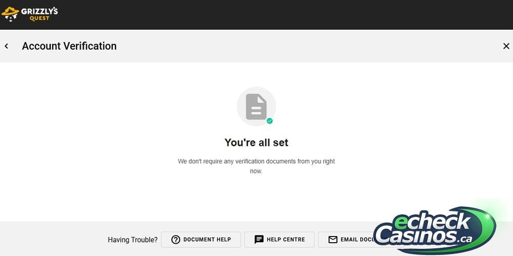 Grizzly Quest Casino Account Verification Complete Screen