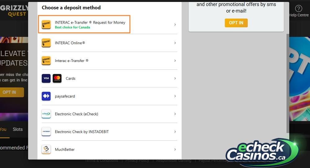 Deposit Options at Grizzly's Quest Casino