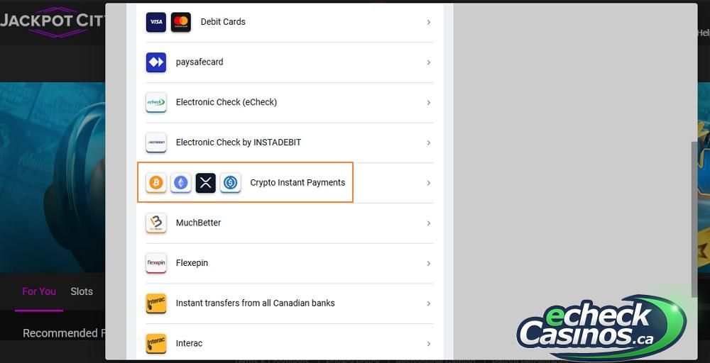 Jackpot City cashier showing crypto options
