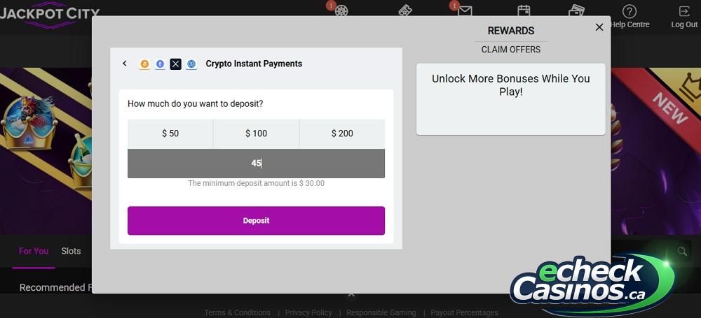 Jackpot City Xcoins deposit screen