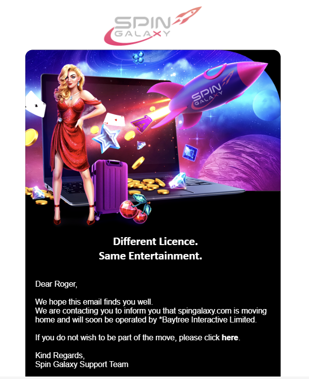 Spin Galaxy Casino license update notice