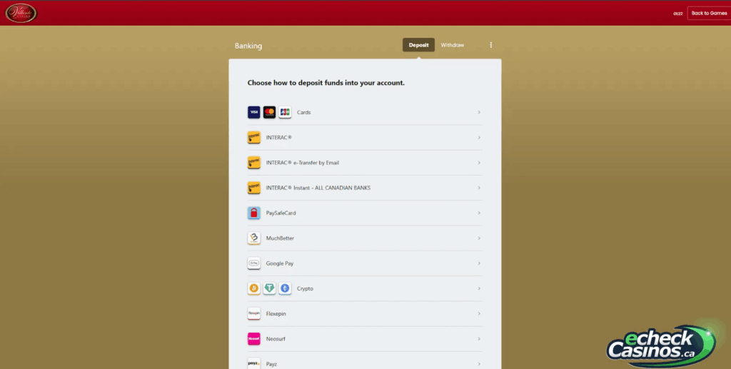Villento cashier screen with crypto options