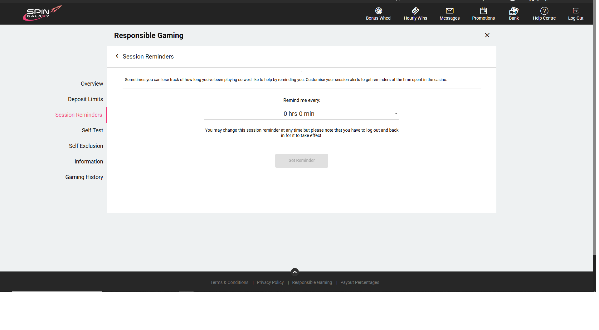 Session reminder settings on Spin Galaxy