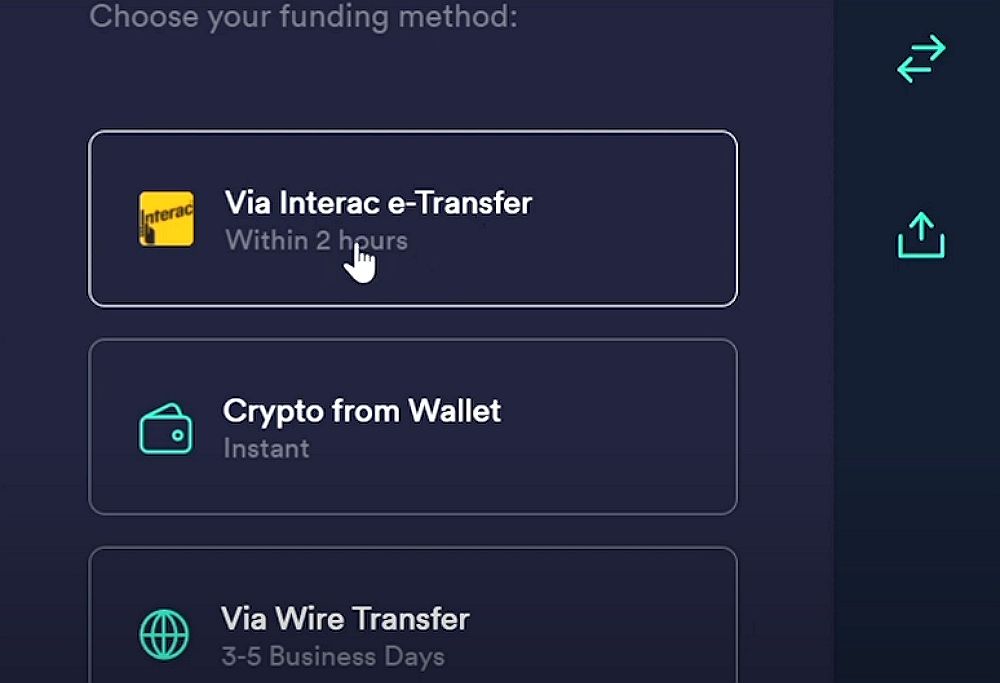 Choose funding method screen on crypto platform