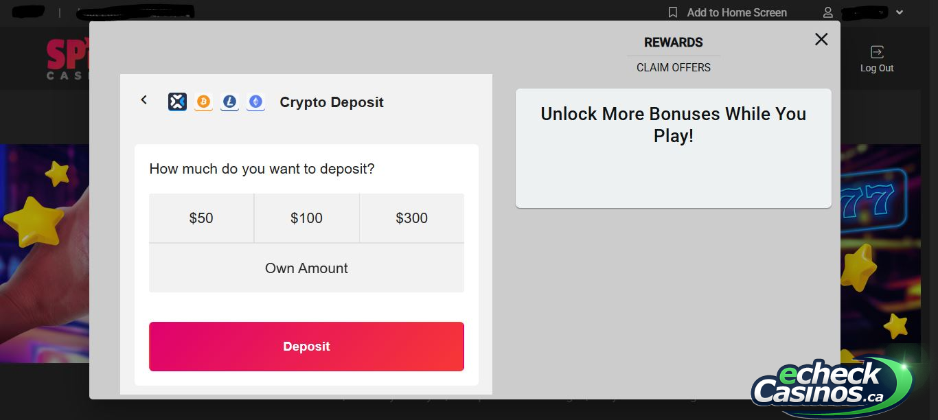 Example of a crypto deposit screen at an online casino