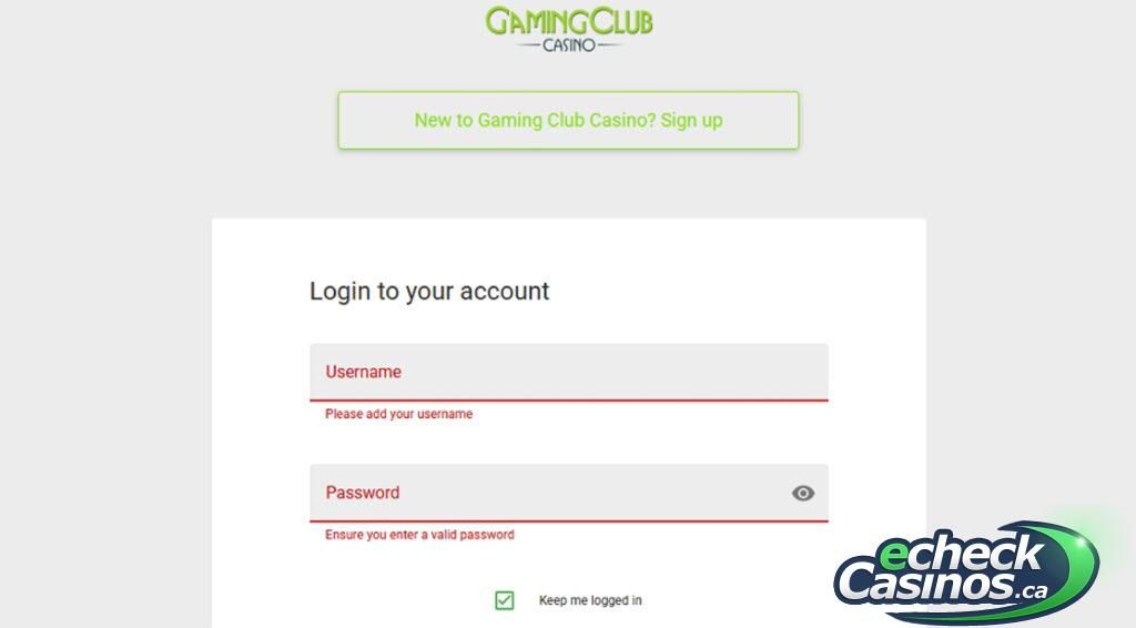 Gaming Club Log In Screen