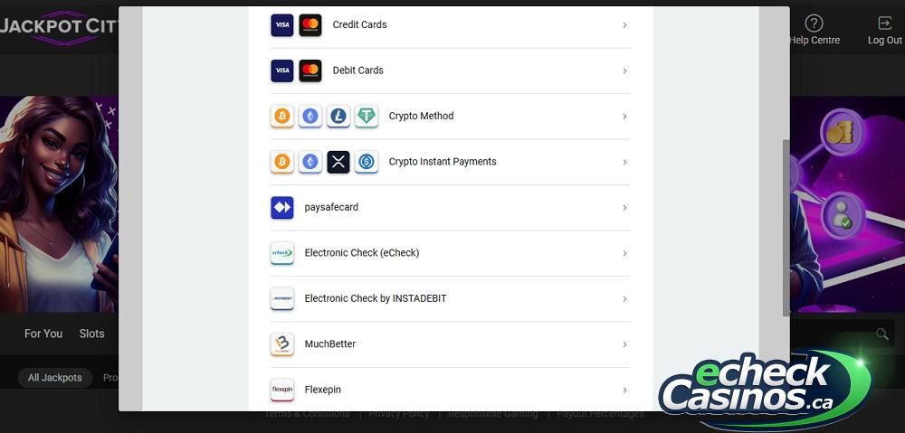 Jackpot City Casino eCheck Payment Options