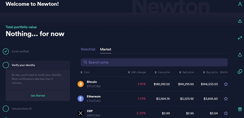 Newton crypto exchange interface on mobile