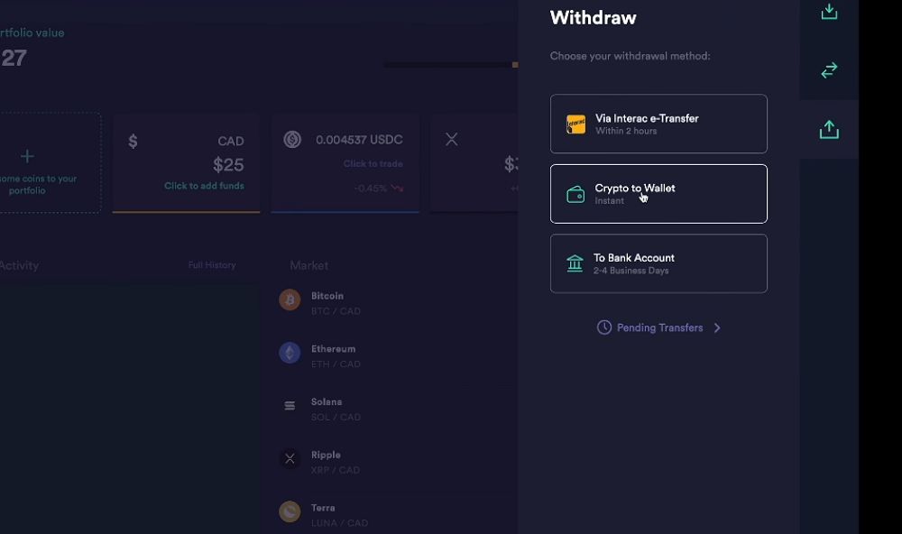 Crypto withdrawal process screen on Newton or Shakepay