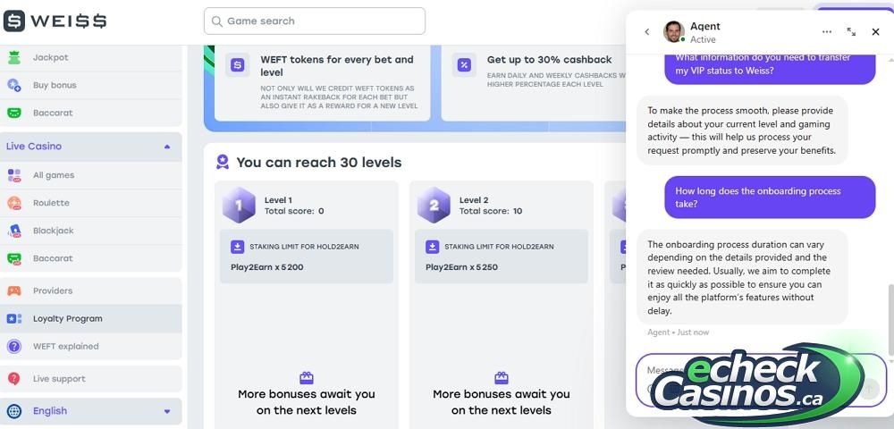 Weiss Loyalty Screen Page showing chat with agent explaining onboarding process