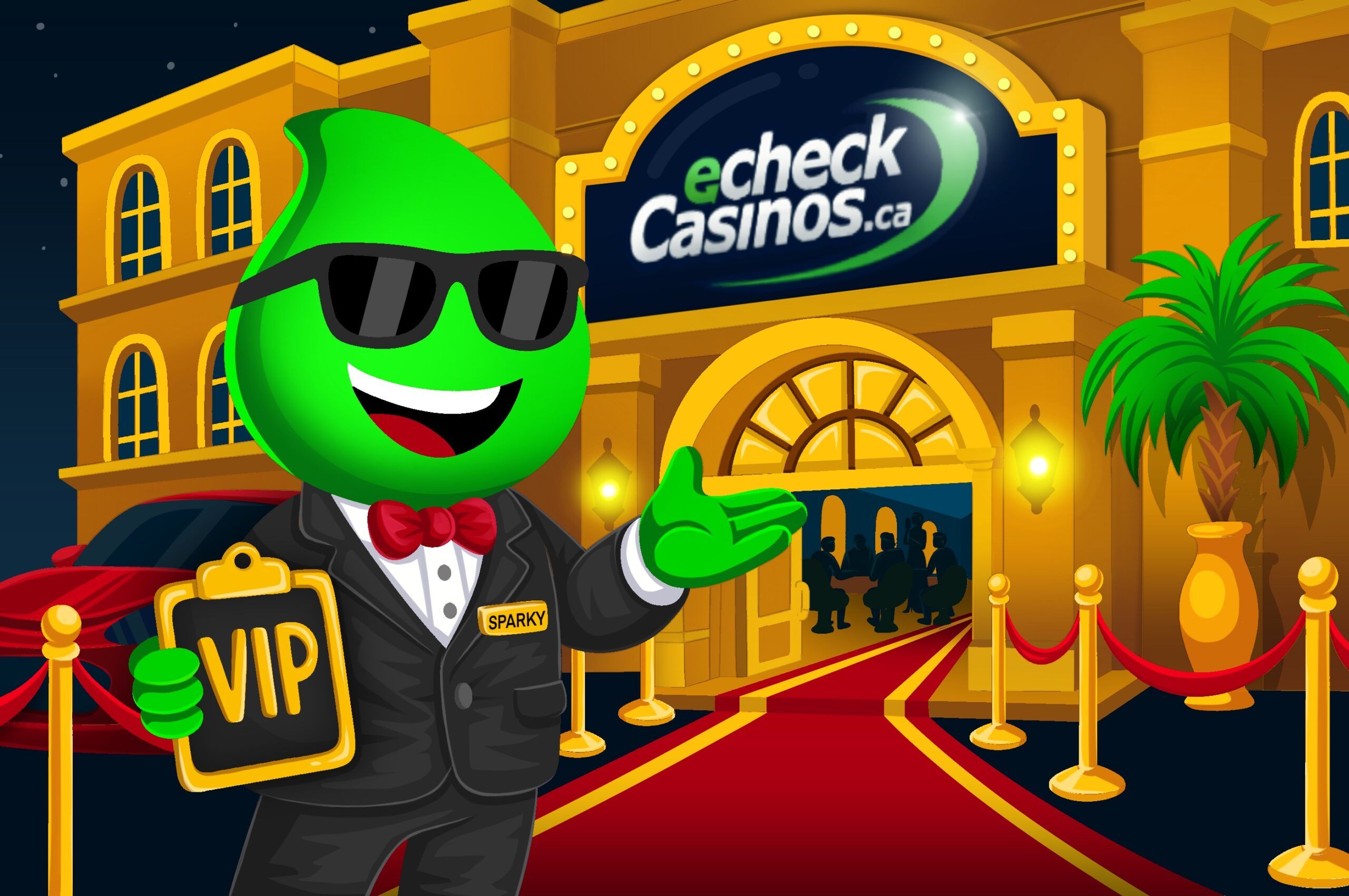 Sparky, the eCheckCasinos.ca mascot, welcoming visitors at a casino entrance with our logo above the door.