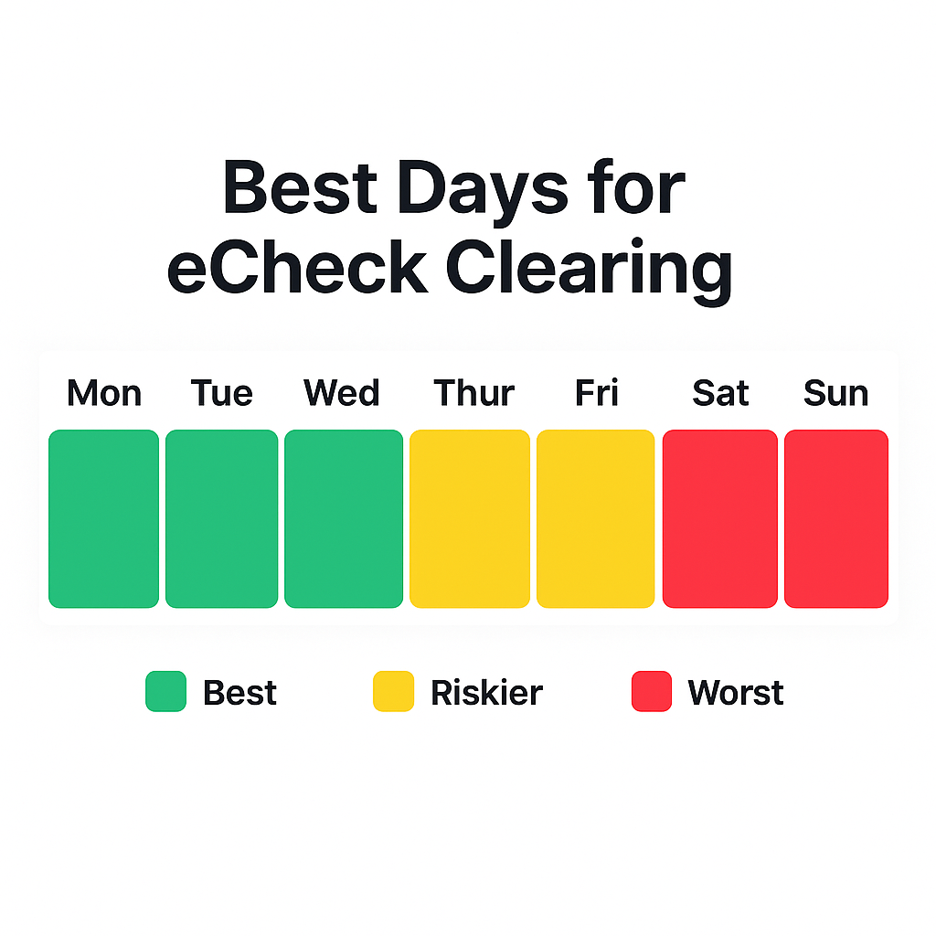 Basic weekly calendar with color-coded days showing best days for eCheck casino clearing.