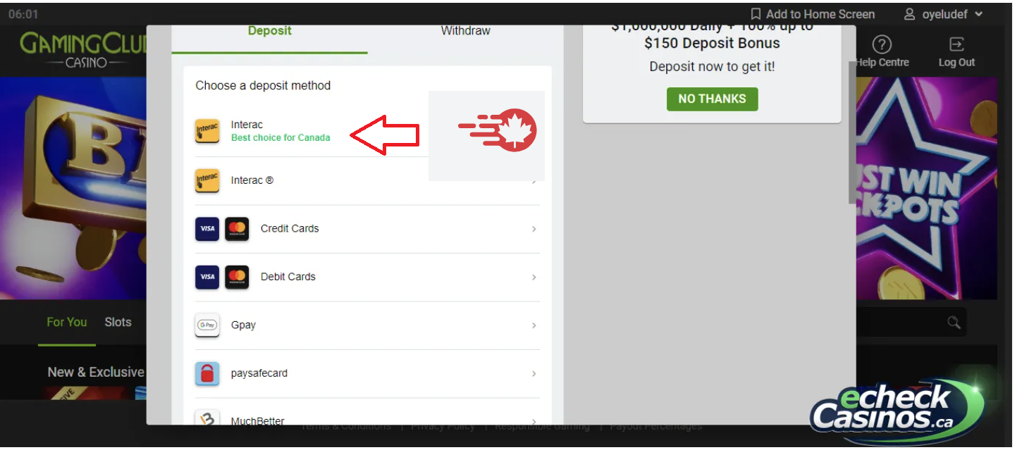 Screenshot of the Gaming Club Casino cashier, highlighting the Loonio option which is clearly labelled as the 'best choice for Canada' for quick deposits.